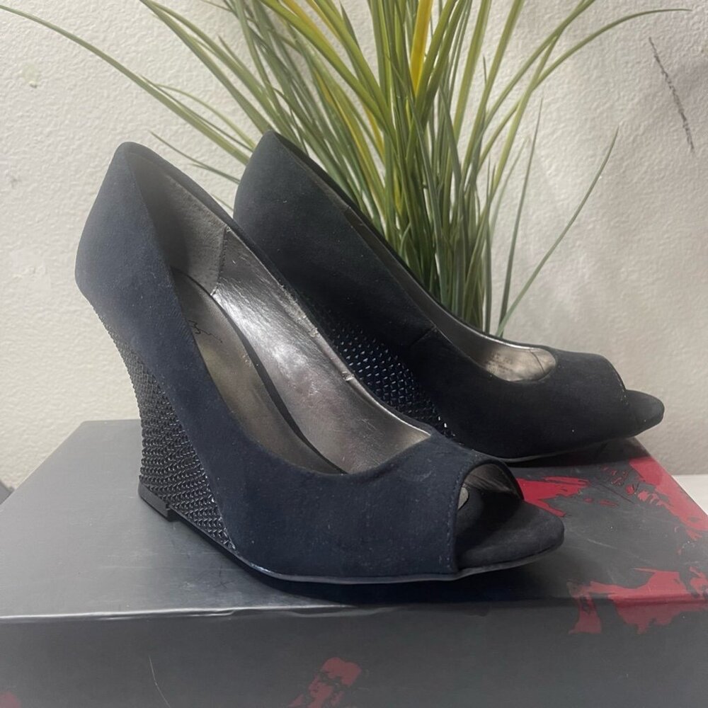 Carlos Santana Womens Bateau Classic Pump Wedge Black Leather High Heel 7.5 M